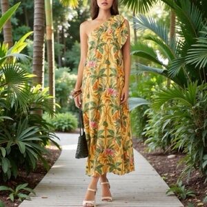 NWT Farm Rio Tropical Paradise Yellow One shoulder Petals Maxi Size Small